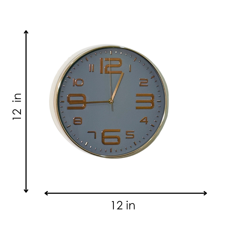 Wall clock with dimensions indicated on a white background