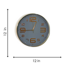 Wall clock with dimensions indicated on a white background