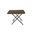 Small wooden table with metal legs on a white background