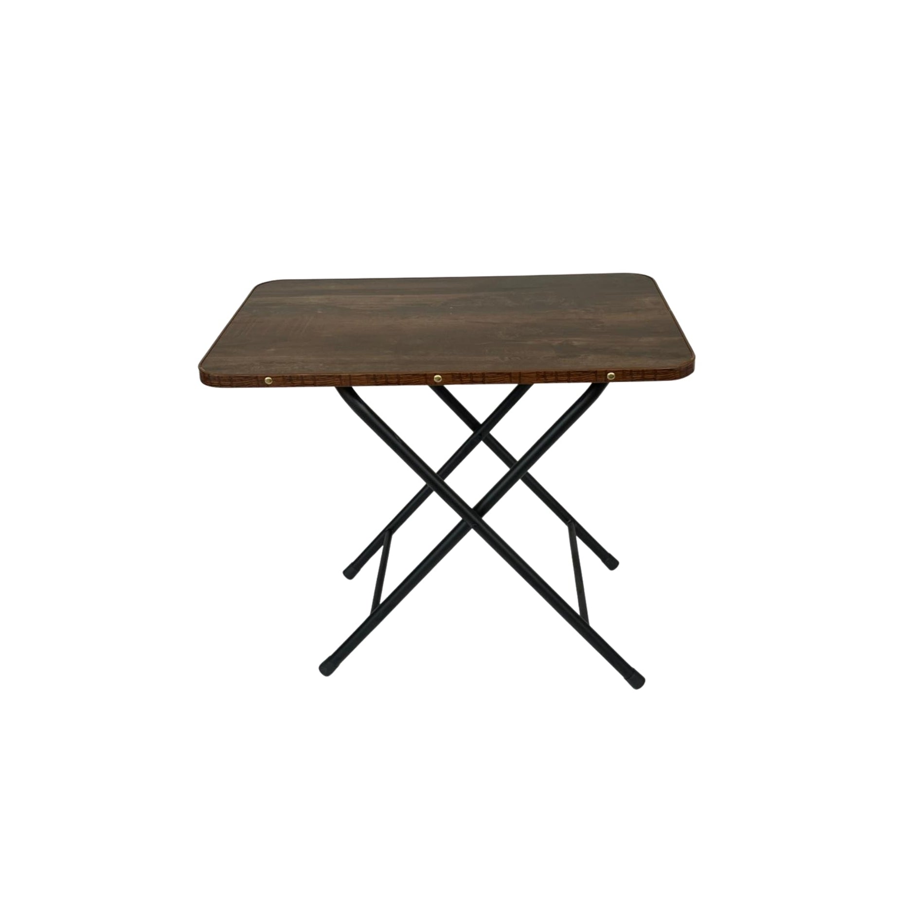Small wooden table with metal legs on a white background