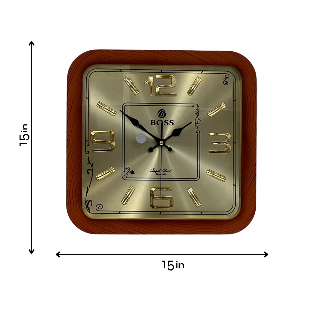 Square wall clock with wooden frame and gold accents, showing dimensions on a white background.