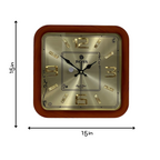 Square wall clock with wooden frame and gold accents, showing dimensions on a white background.
