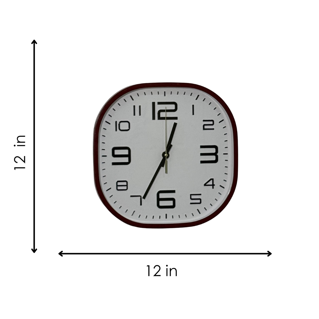 Wall clock with dimensions indicated on a white background