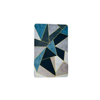 Geometric patterned rug with blue and gray colors on a white background