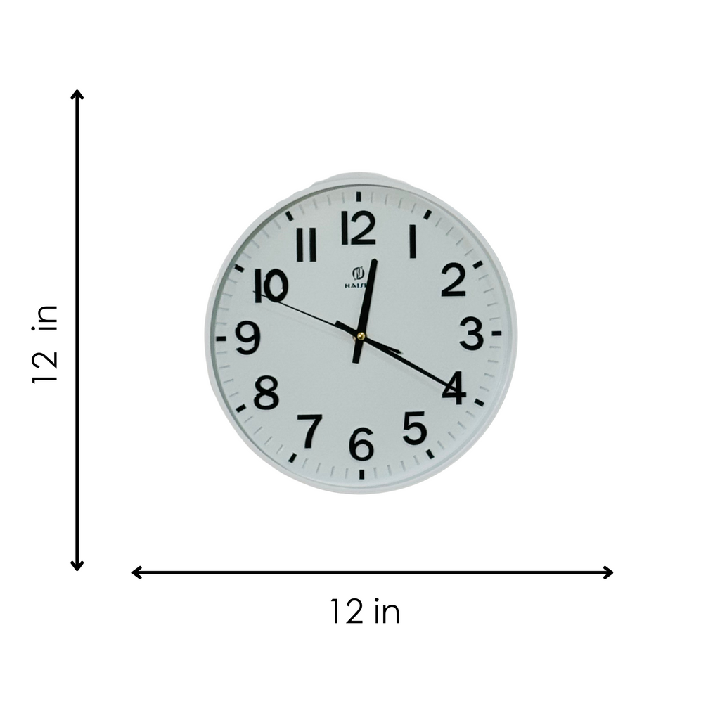 Wall clock with dimensions labeled as 12 inches in diameter on a white background
