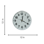 Wall clock with dimensions labeled as 12 inches in diameter on a white background