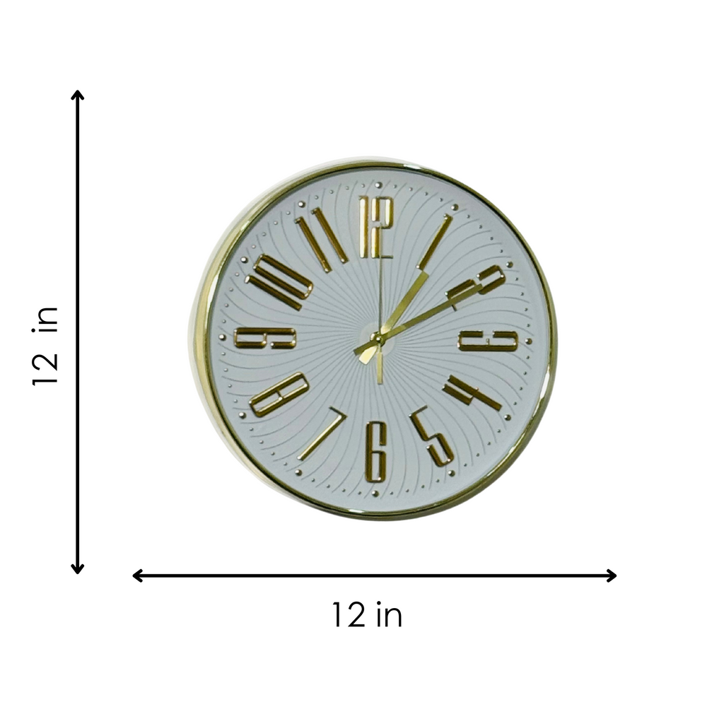Wall clock with gold Roman numerals and dimensions indicated on a white background