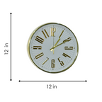 Wall clock with gold Roman numerals and dimensions indicated on a white background