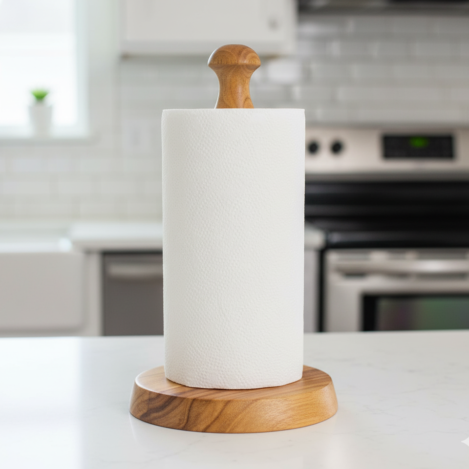 Paper towel holder with a wooden base and paper towel on a kitchen counter.