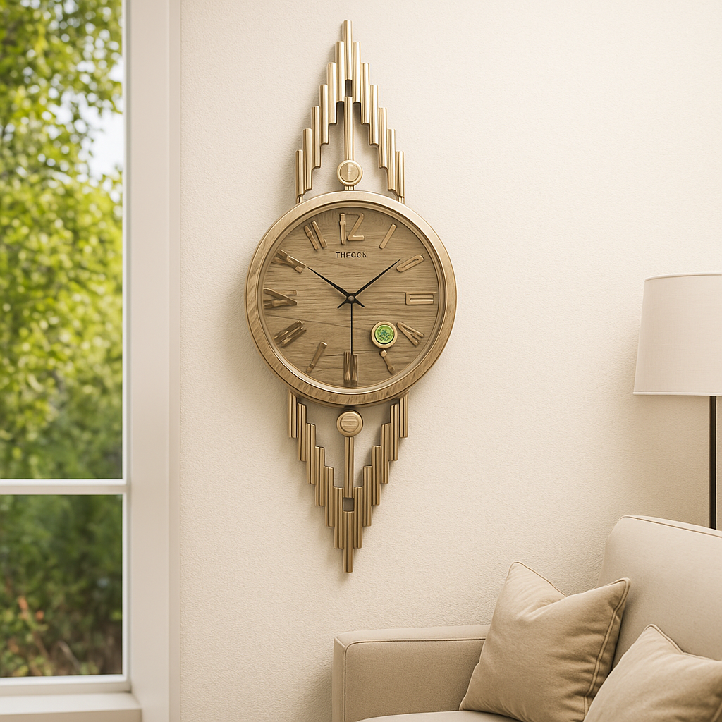 Decorative wall clock with a gold and wooden design on a wall in a living room.