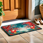 Decorative doormat with red lanterns and cherry blossoms on a tiled floor in front of a wooden door.