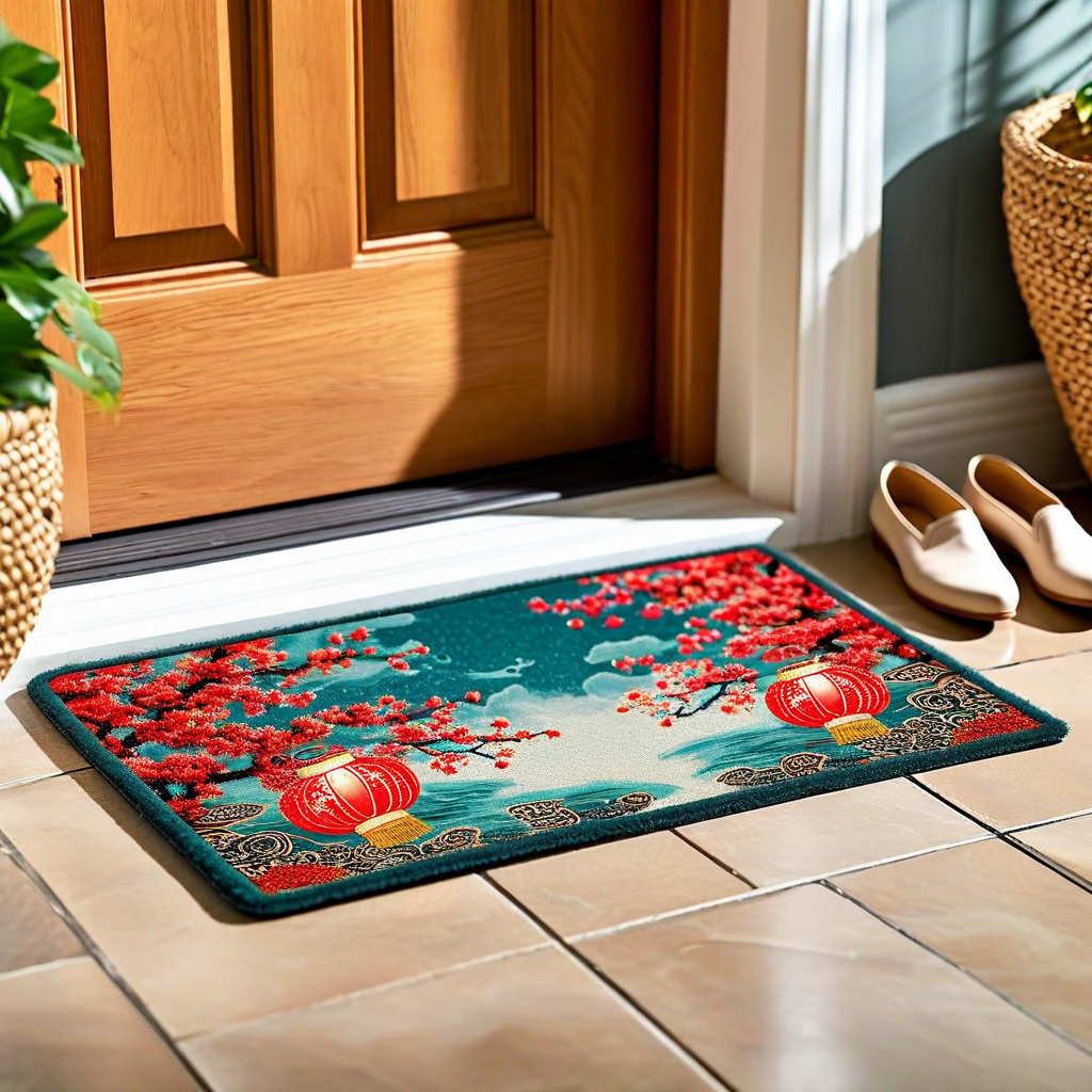 Decorative doormat with red lanterns and cherry blossoms on a tiled floor in front of a wooden door.