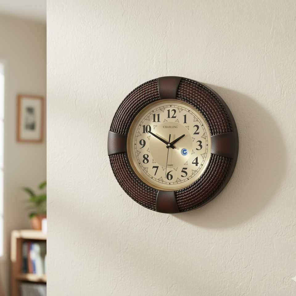 Decorative wall clock on a beige wall with a neutral background