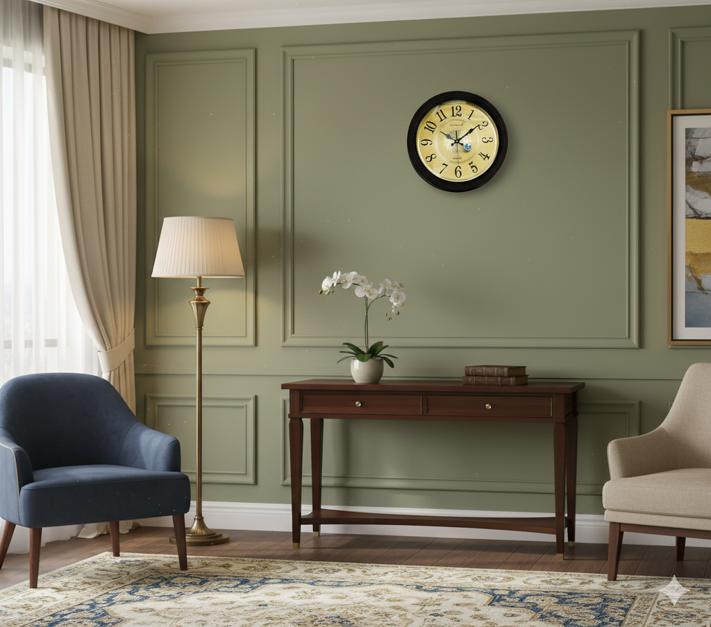 Living room with a clock on the wall, blue armchair, and wooden console table.