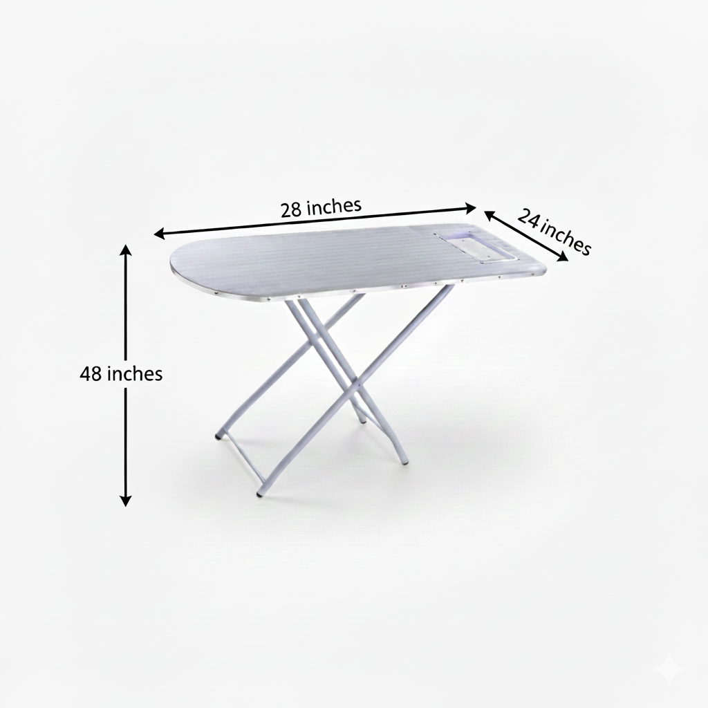 Folding ironing board with dimensions labeled on a white background