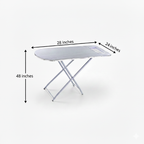Folding ironing board with dimensions labeled on a white background
