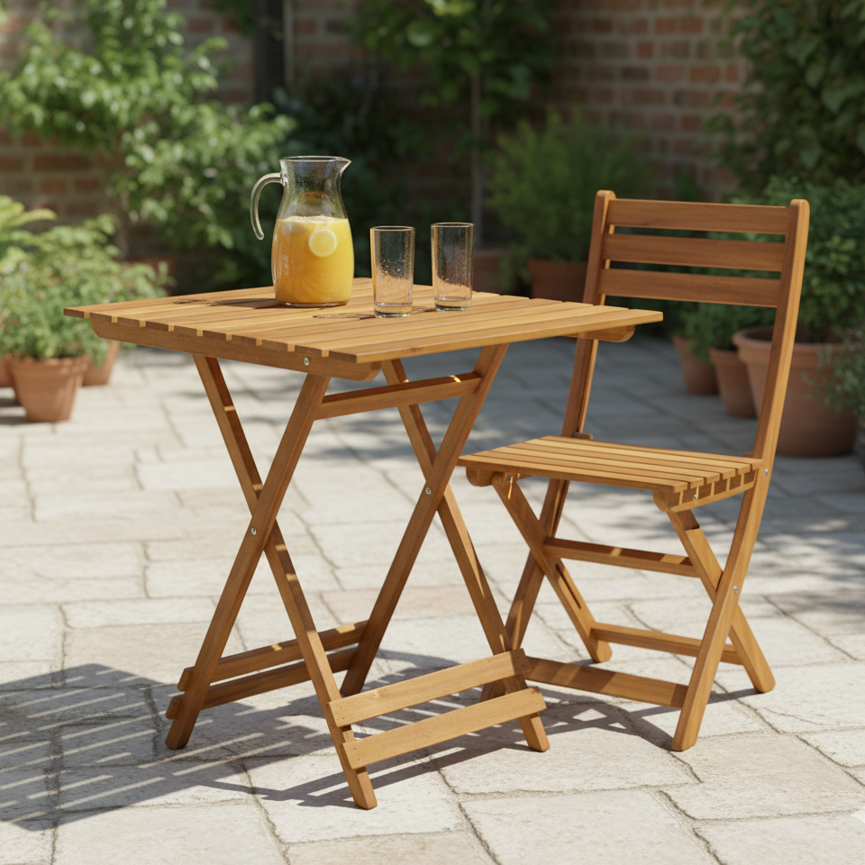 Wooden outdoor table with a chair and a pitcher of lemonade on a patio.