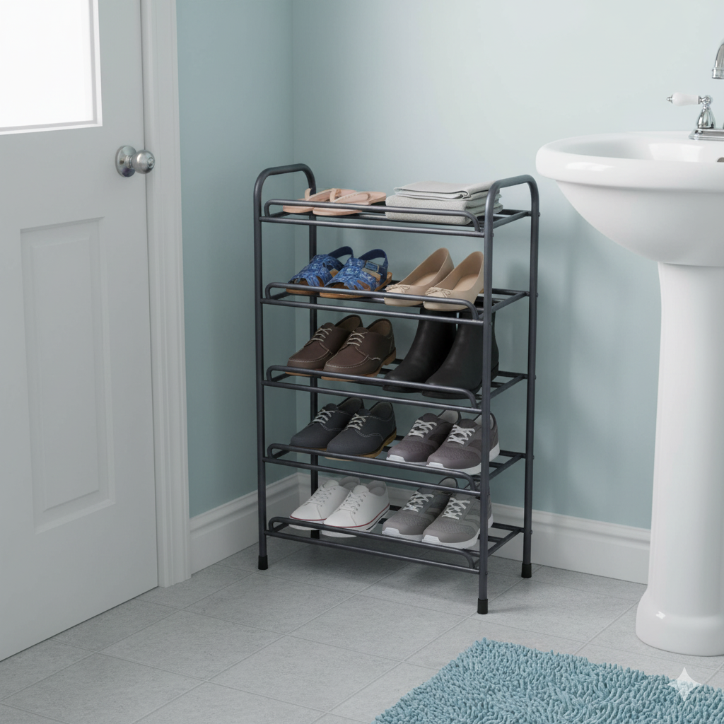 Shoe rack with shoes in a bathroom setting