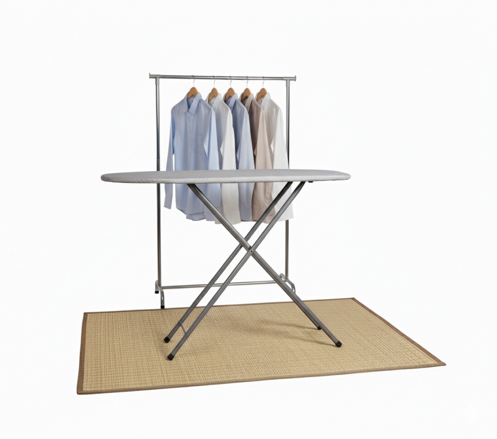 Ironing board with clothes on a white background