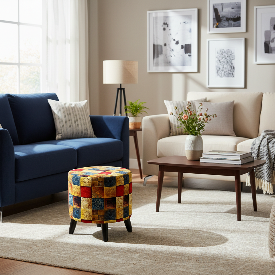 Living room with blue sofa, beige armchair, and colorful ottoman.