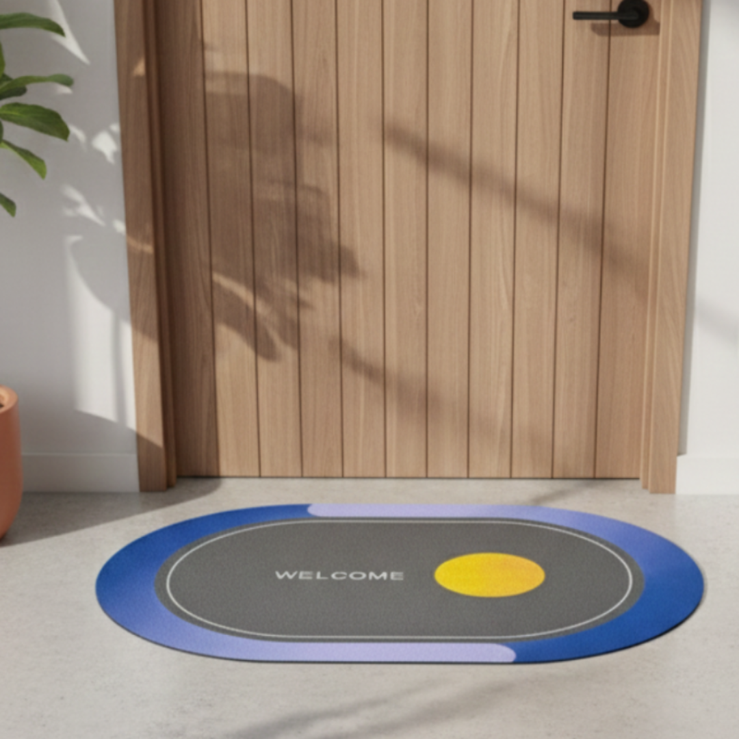 Colorful welcome mat on a gray floor with a wooden door and plant in the background