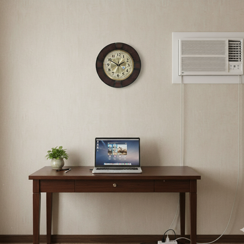 Small desk with laptop, clock on wall, and air conditioner in a room.