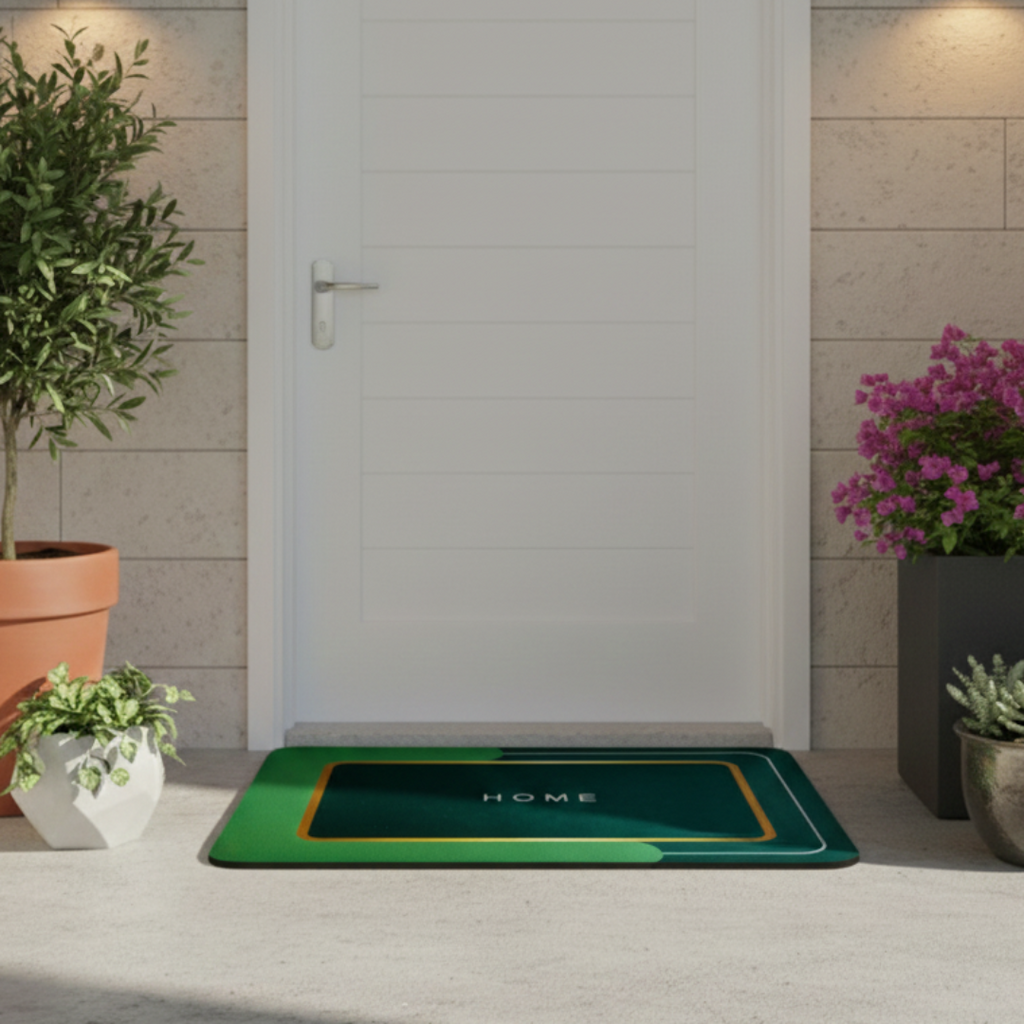 Green doormat with 'HOME' text on a concrete floor surrounded by potted plants.