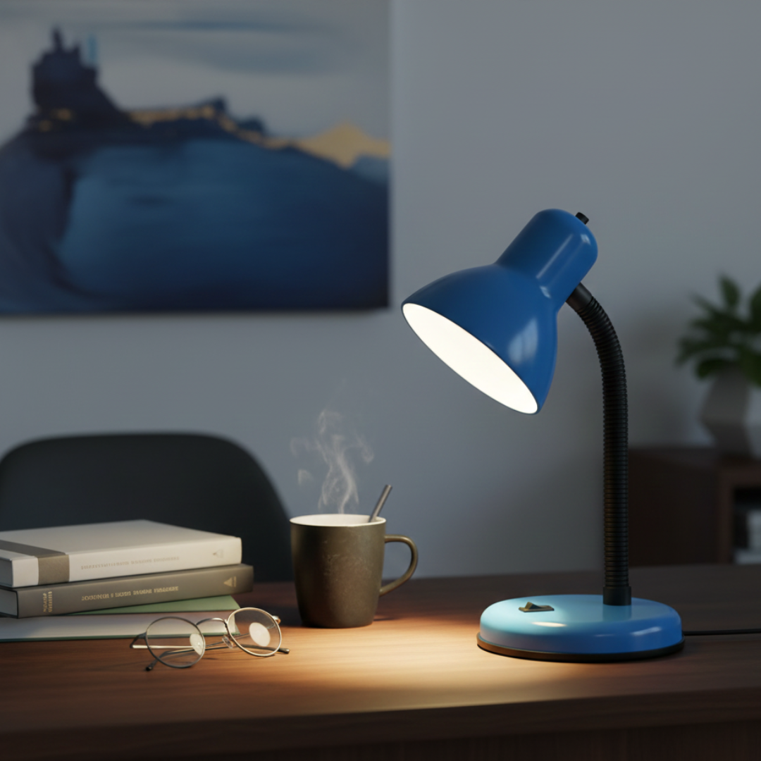Blue desk lamp on a wooden surface with books, a mug, and glasses in a cozy room setting.