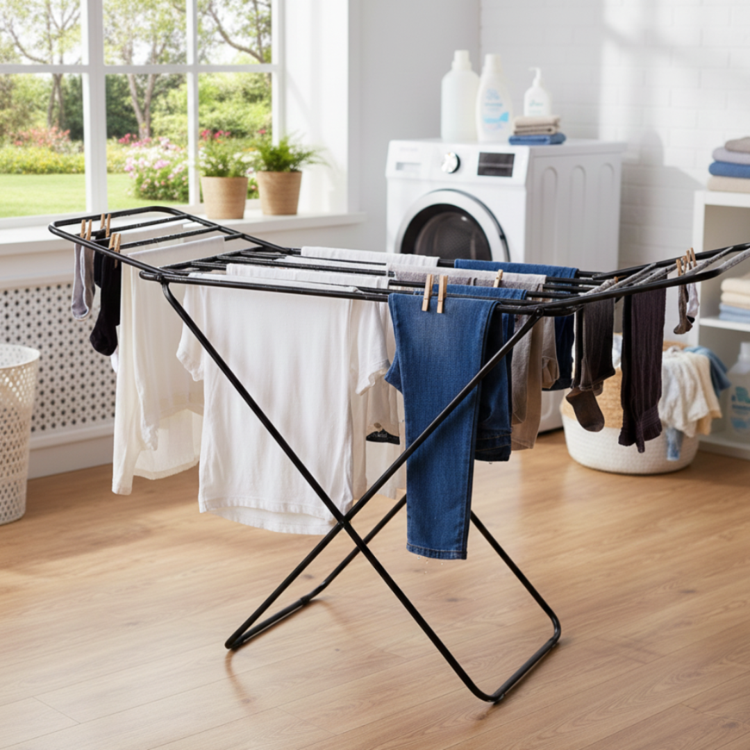 Clothes drying on a rack in a laundry room with washing machine and dryer in the background.