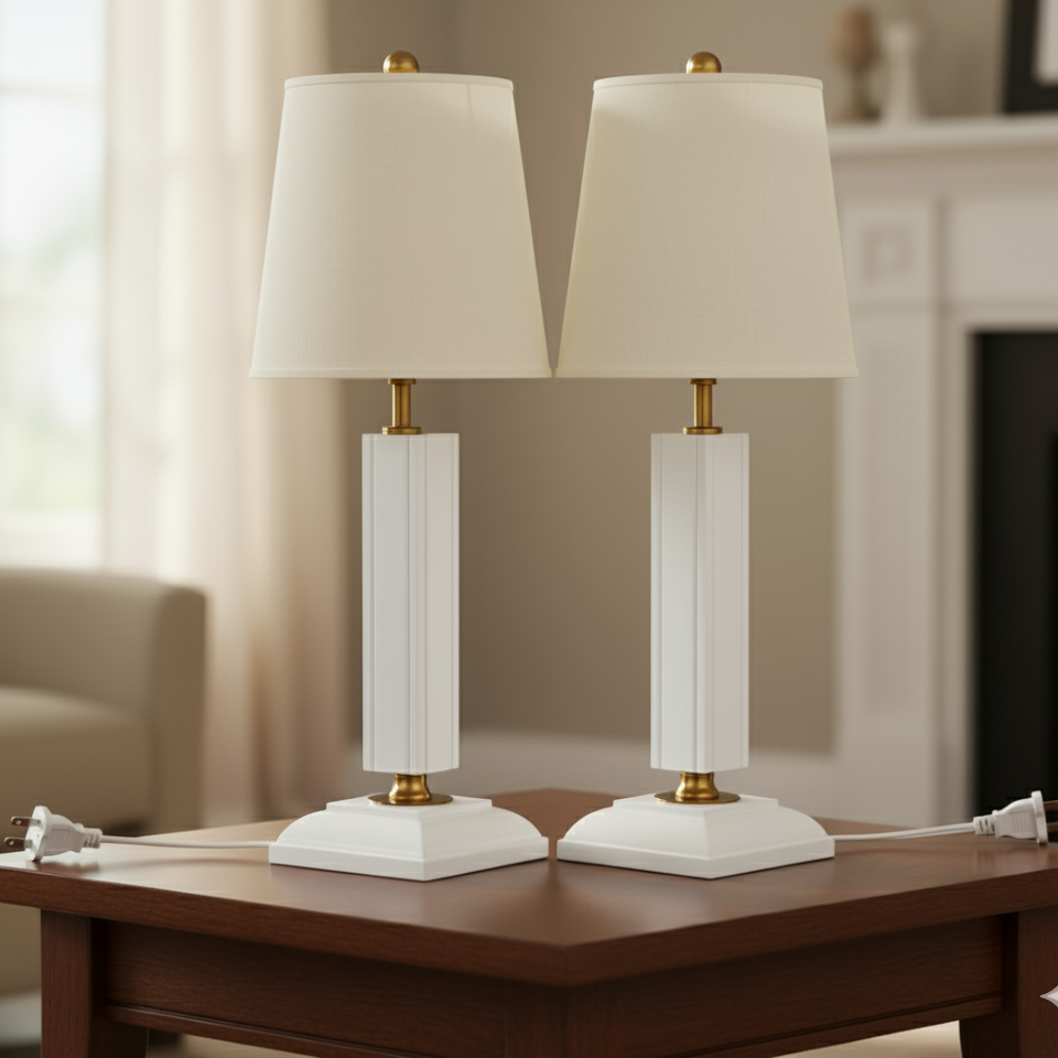 Two white table lamps with gold bases on a wooden coffee table in a living room setting.