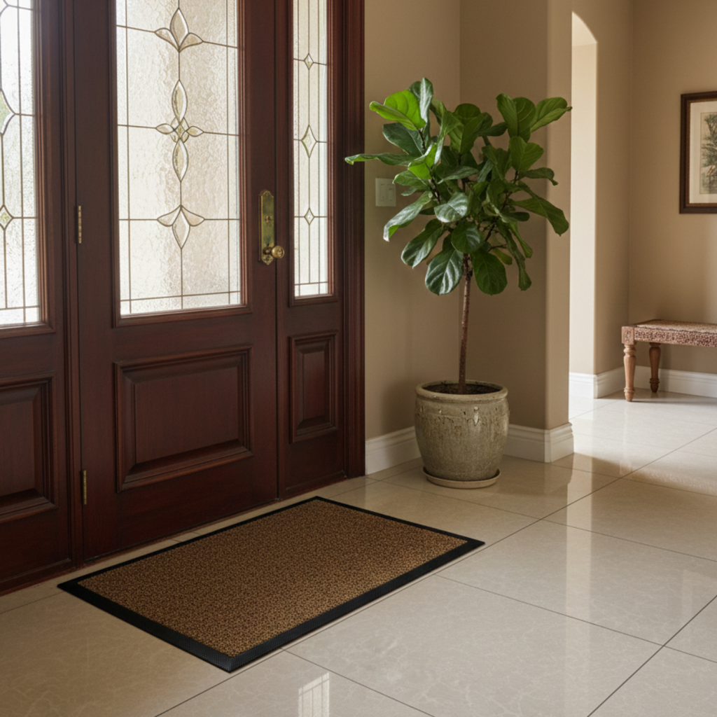 Foyer with a wooden door, doormat, and potted plant.