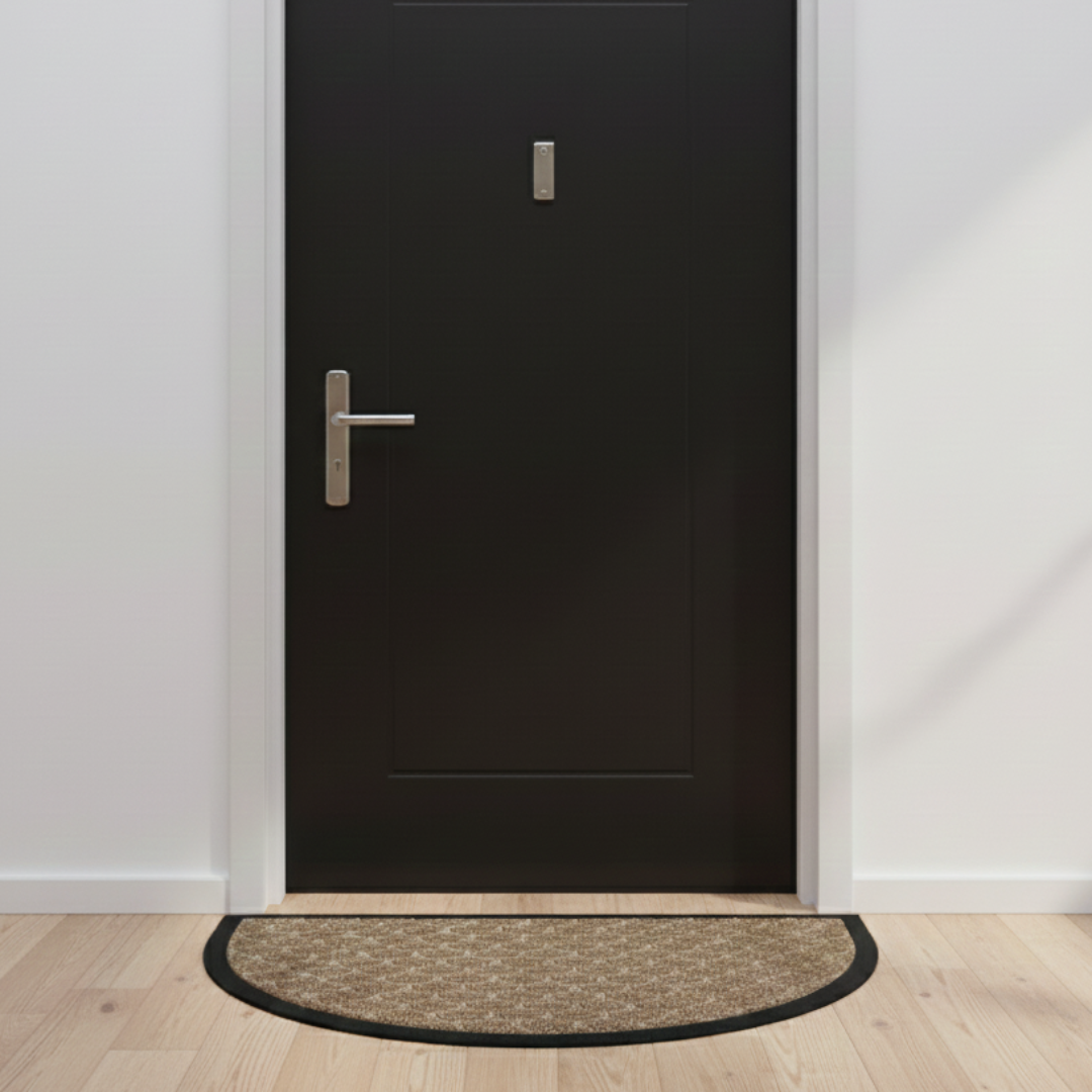 Black door with a doormat on a wooden floor