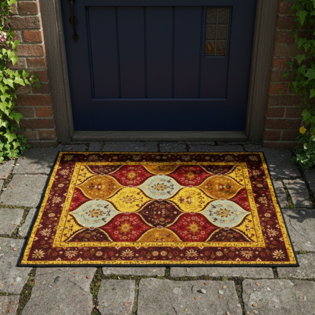 Decorative doormat with geometric pattern on a stone pathway leading to a door.