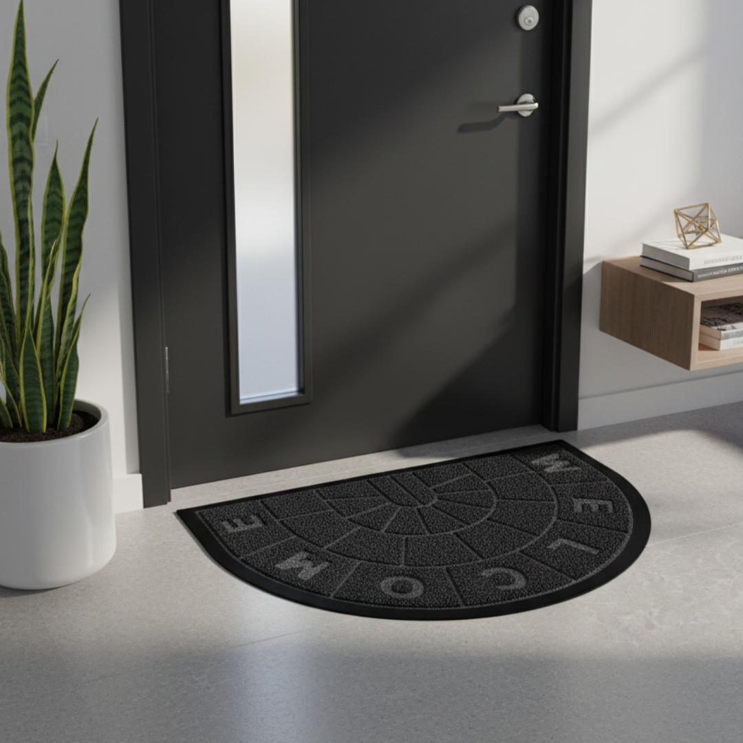 Black doormat with 'HOME' pattern in front of a black door, potted plant to the left.