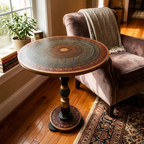 Decorative round table in a living room with a chair and books.