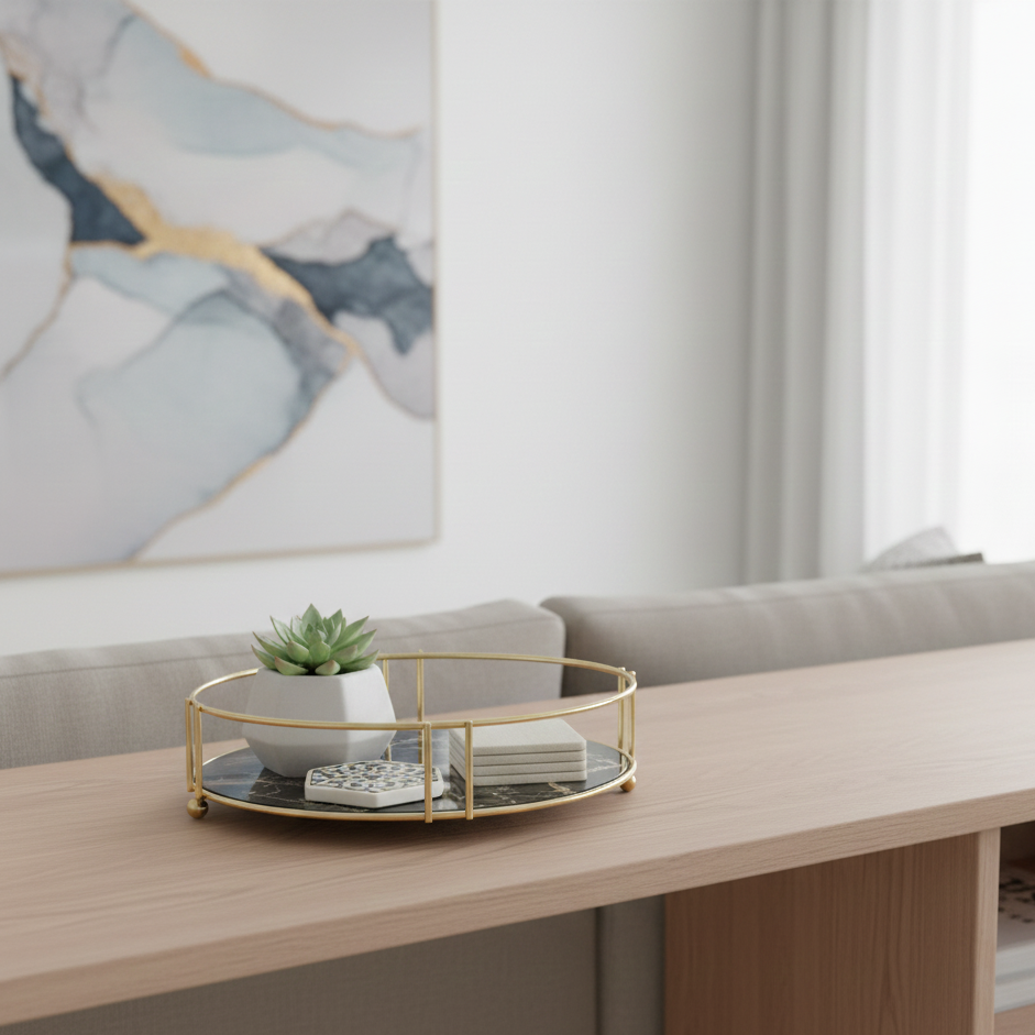 Decorative tray with a plant on a wooden surface in a living room setting