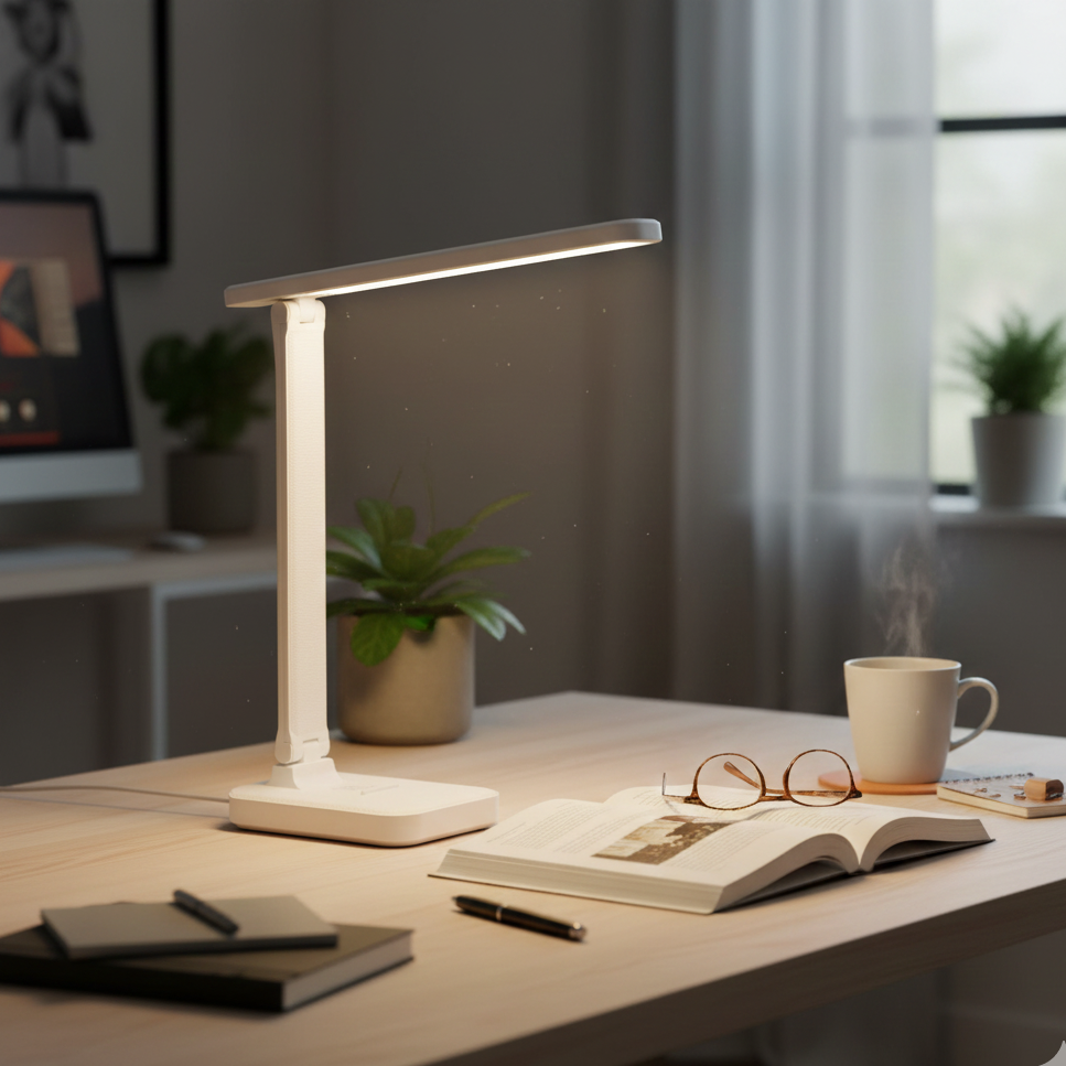 Desk setup with a lamp, books, a mug, and glasses on a wooden surface.