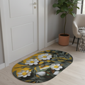 Floral patterned rug on a wooden floor with a plant and chair in the background.