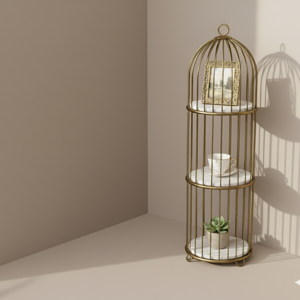 Decorative gold birdcage shelf with marble tiers against a beige wall.