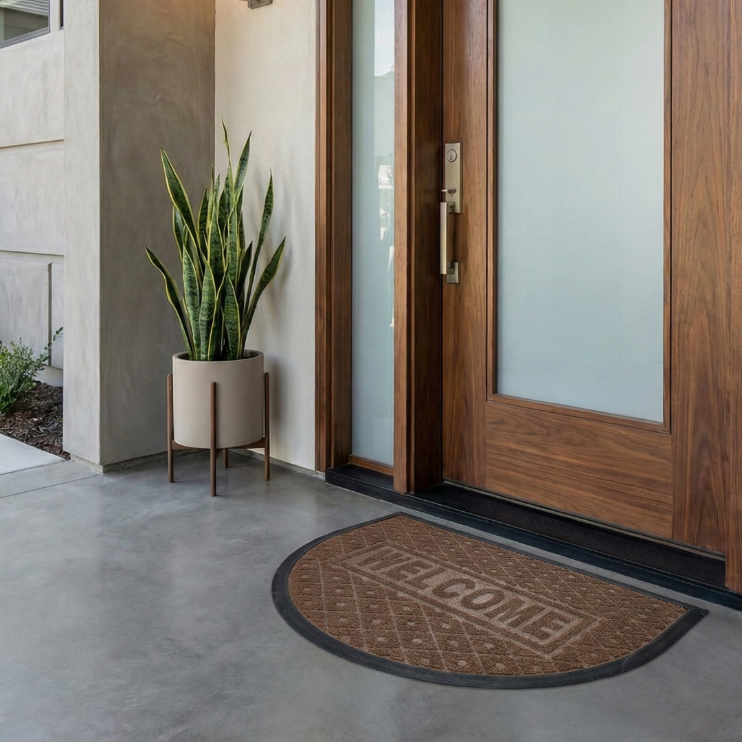 Modern entrance with wooden door, plant, and doormat on concrete floor.