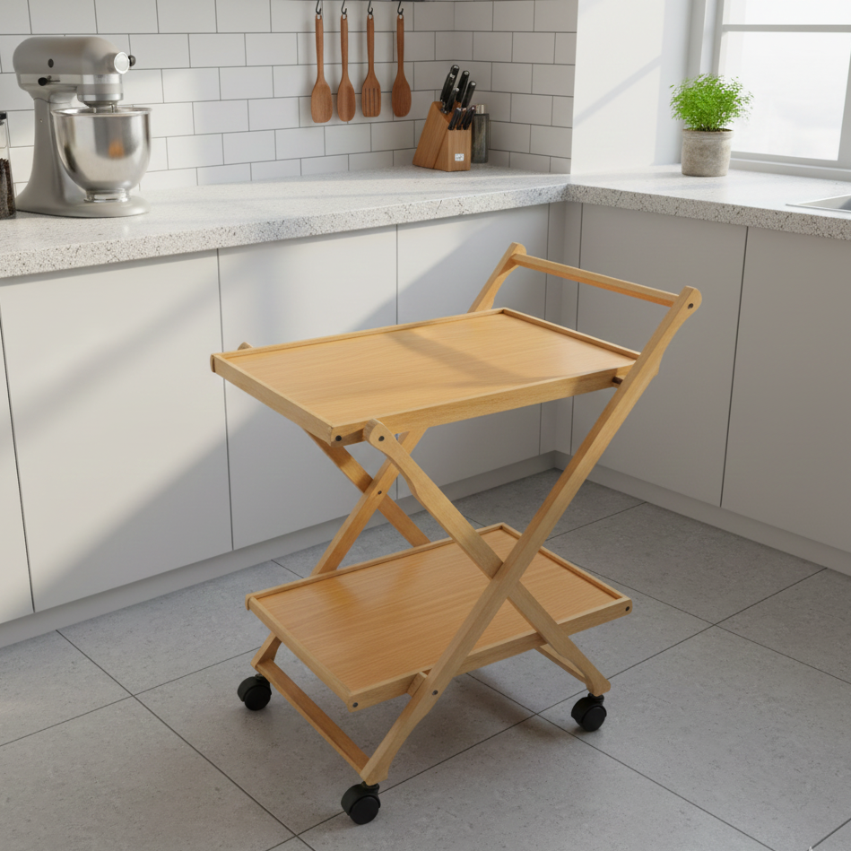 Wooden serving cart in a kitchen setting with white cabinets and appliances.