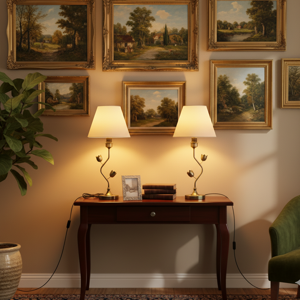 Wall with framed landscape paintings, a wooden side table with lamps, and a green chair.