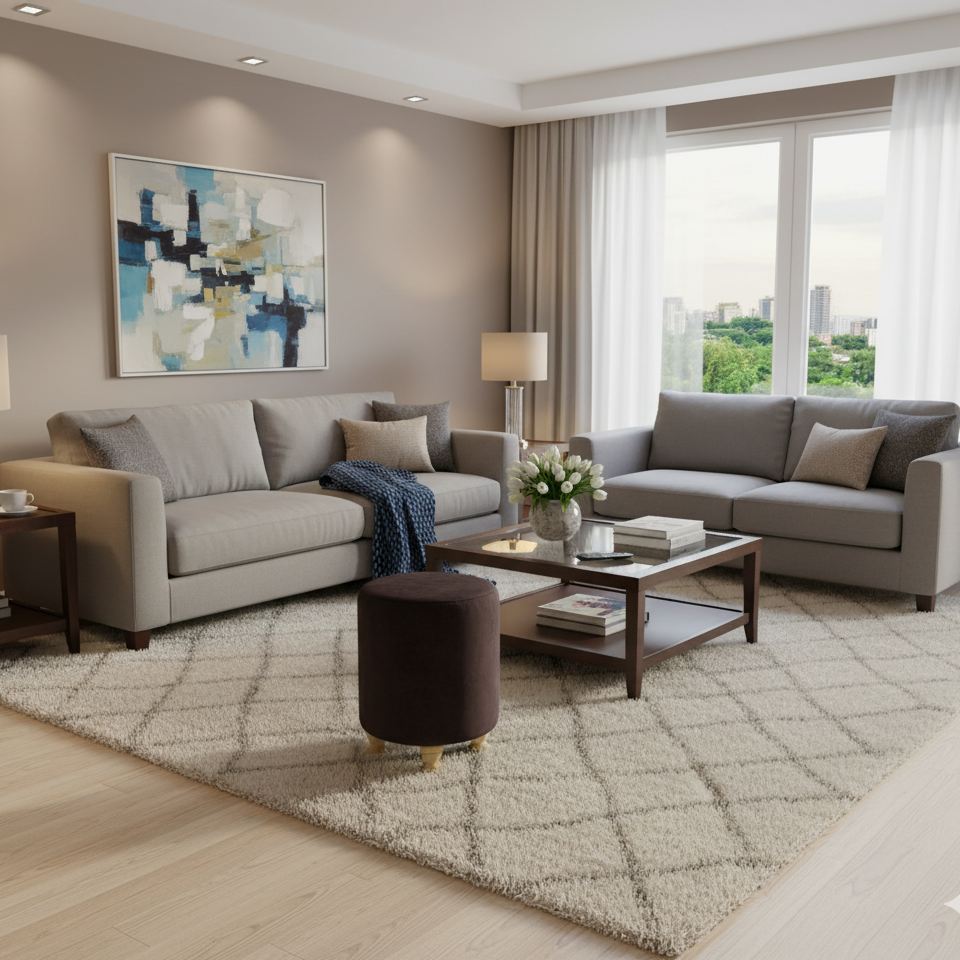 Modern living room with gray sectional sofa, coffee table, and decorative elements.