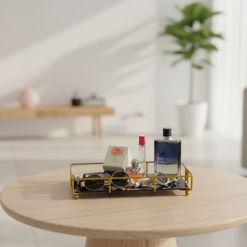 Round wooden table with a decorative tray holding small items in a bright room.