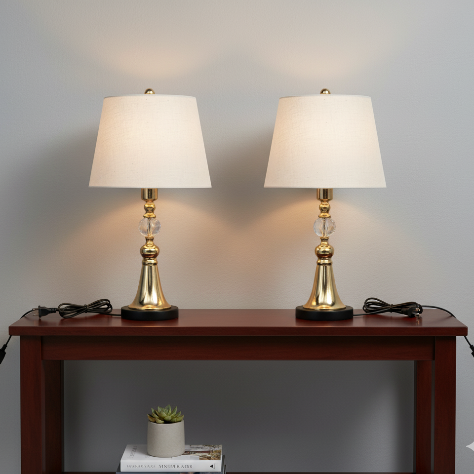 Two gold table lamps with white shades on a wooden table against a gray wall.