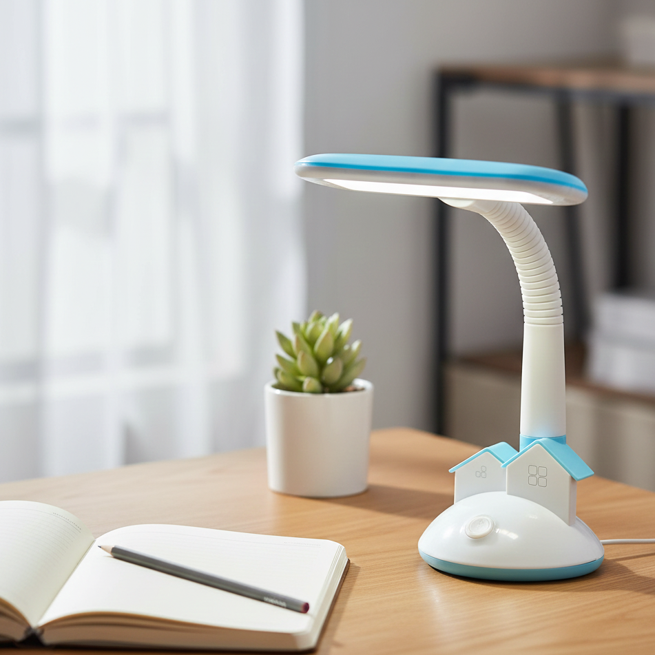 Desk lamp with flexible neck on a wooden table next to an open book and pen, with a plant in the background.