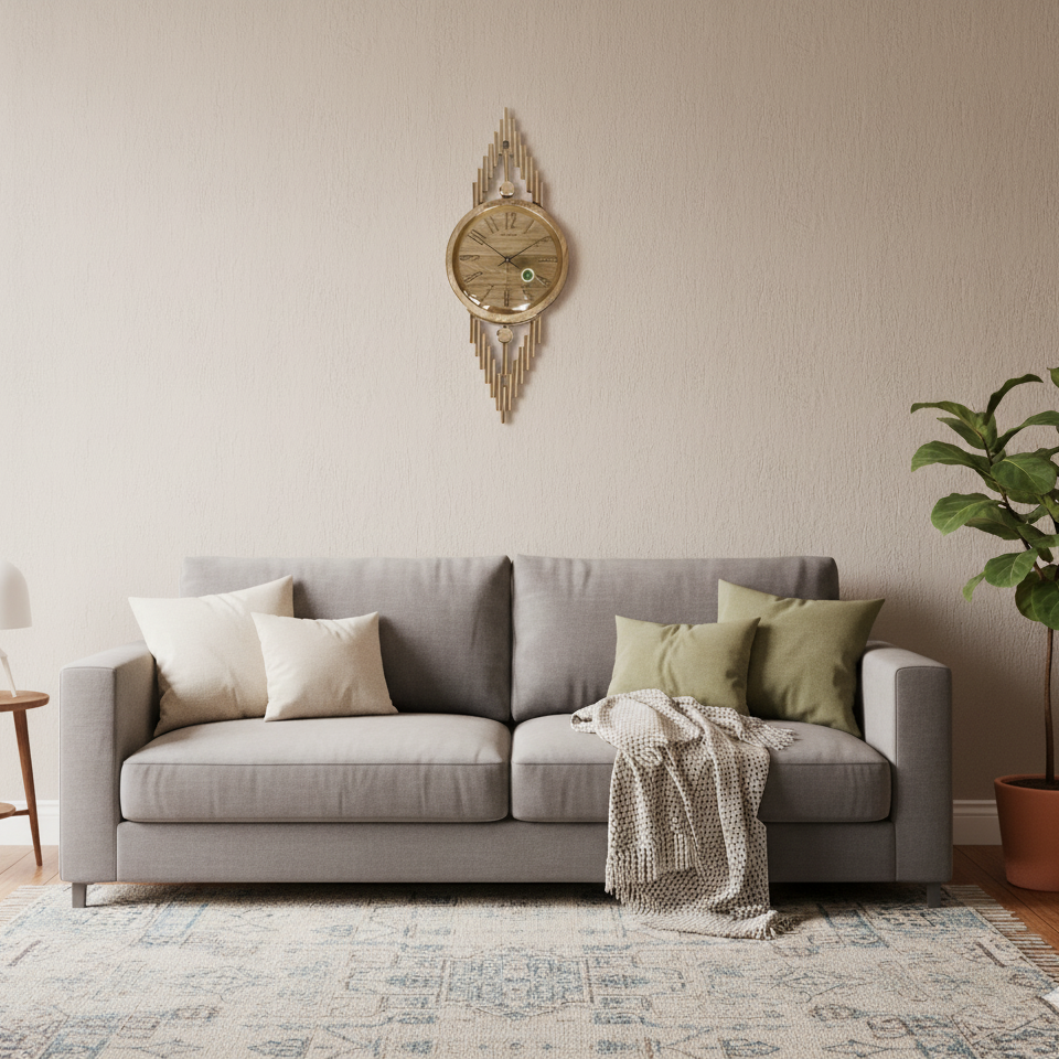 Gray sofa with decorative pillows and a plant in a living room setting.