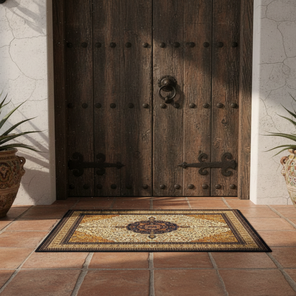 Decorative doormat with geometric pattern in front of a wooden door.