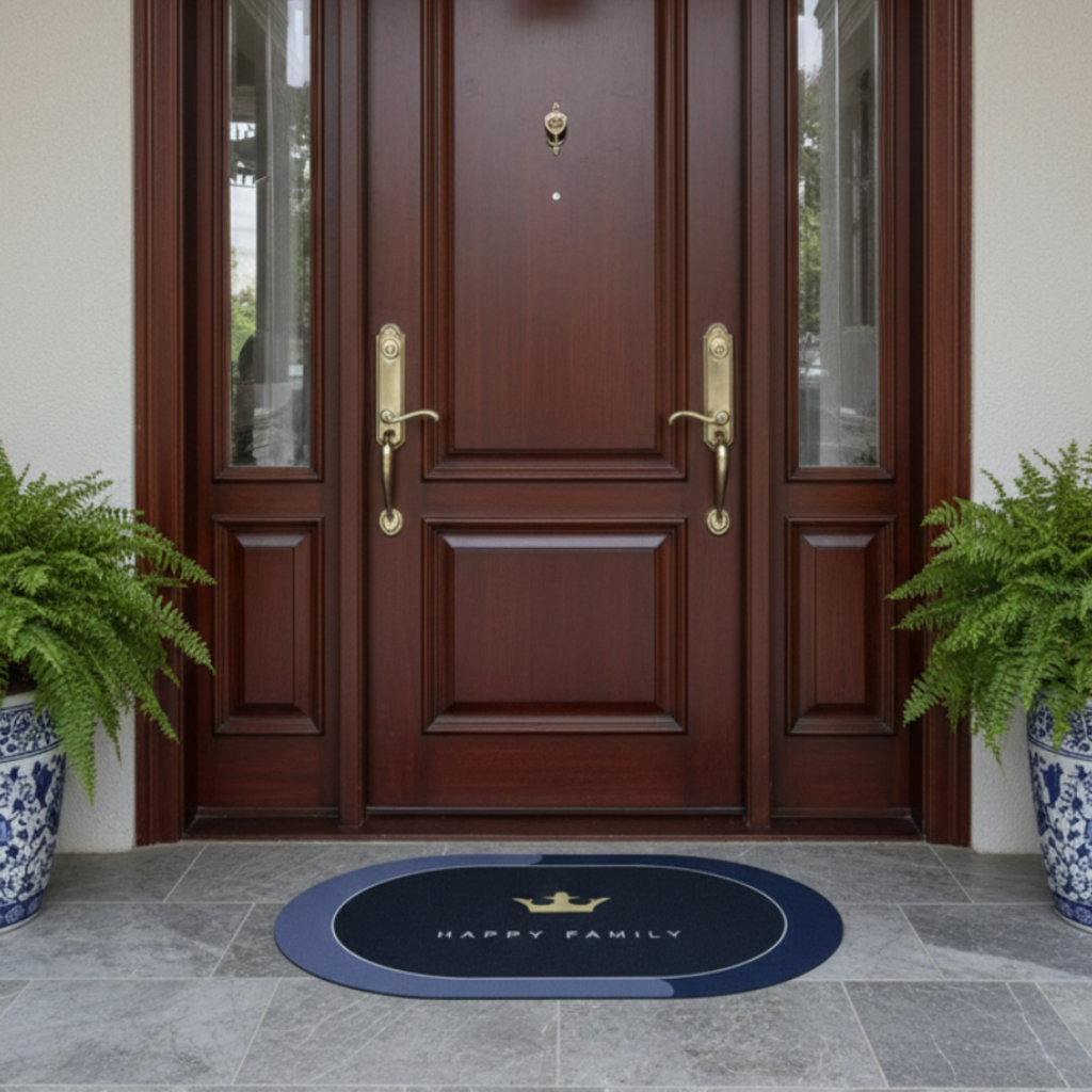 Wooden front door with gold handles, two potted ferns, and a doormat on a stone patio.