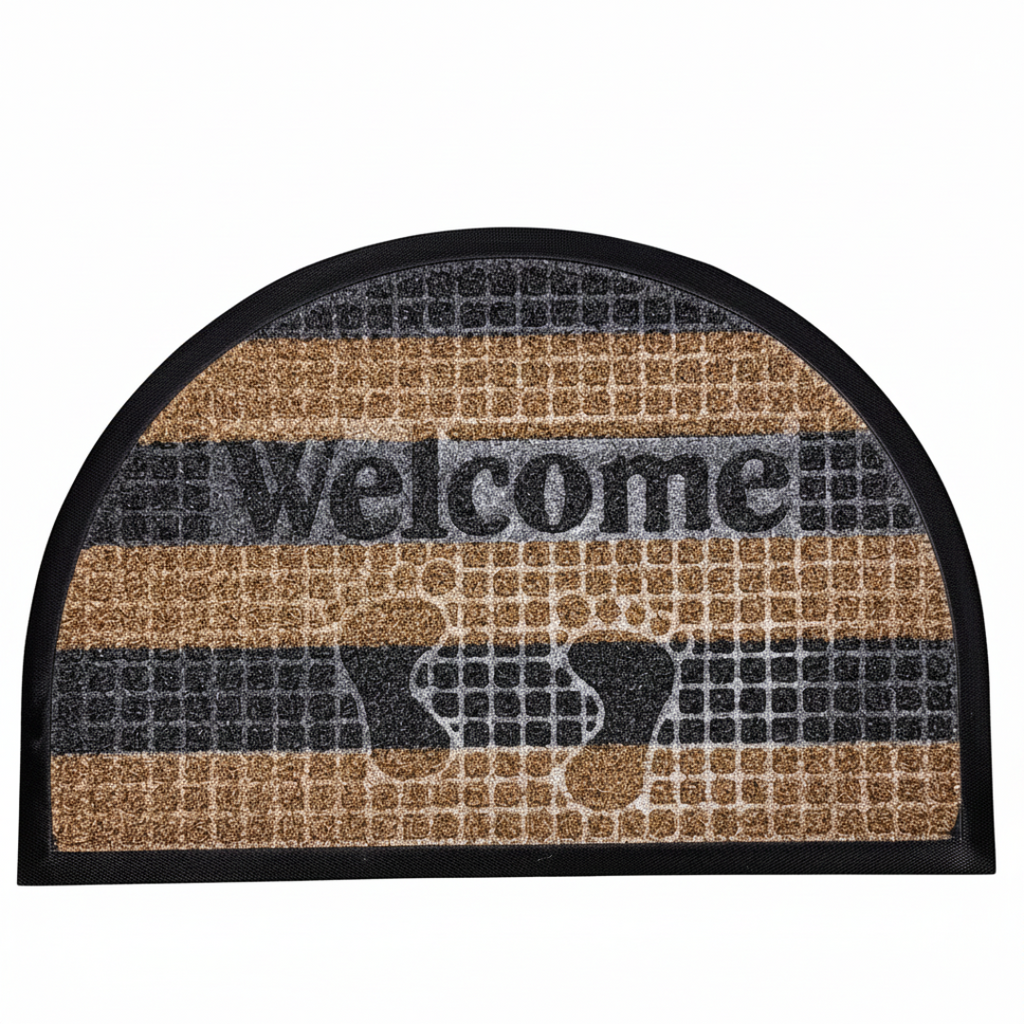 Doormat with 'Welcome' text and a paw print on a white background